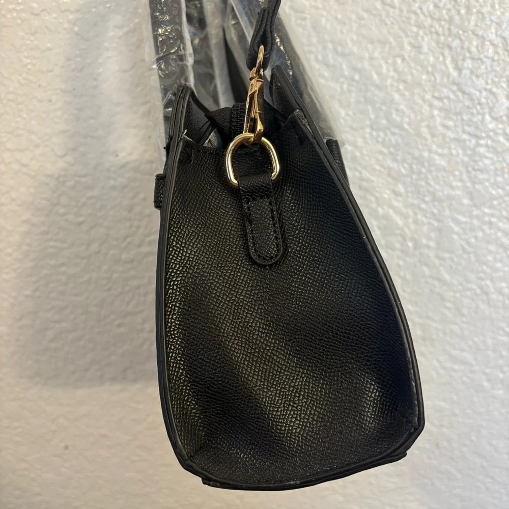 Black Structured Top Handle Satchel Handbag Women Faux Leather Gold Lock